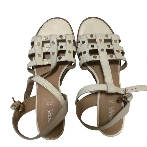 GEOX Italian Leather Strappy Sandals Studs Mid-Height Block Heel Size 37 7 White - Picture 4 of 8